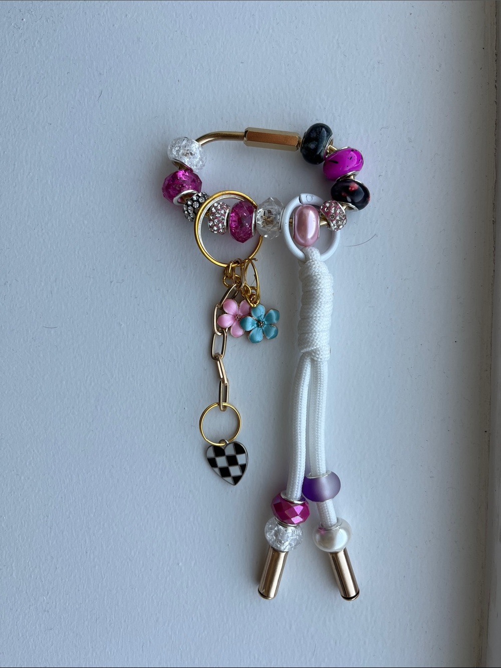 Beaded Key & Card Holder Charm with Pink, Purple and White Accents